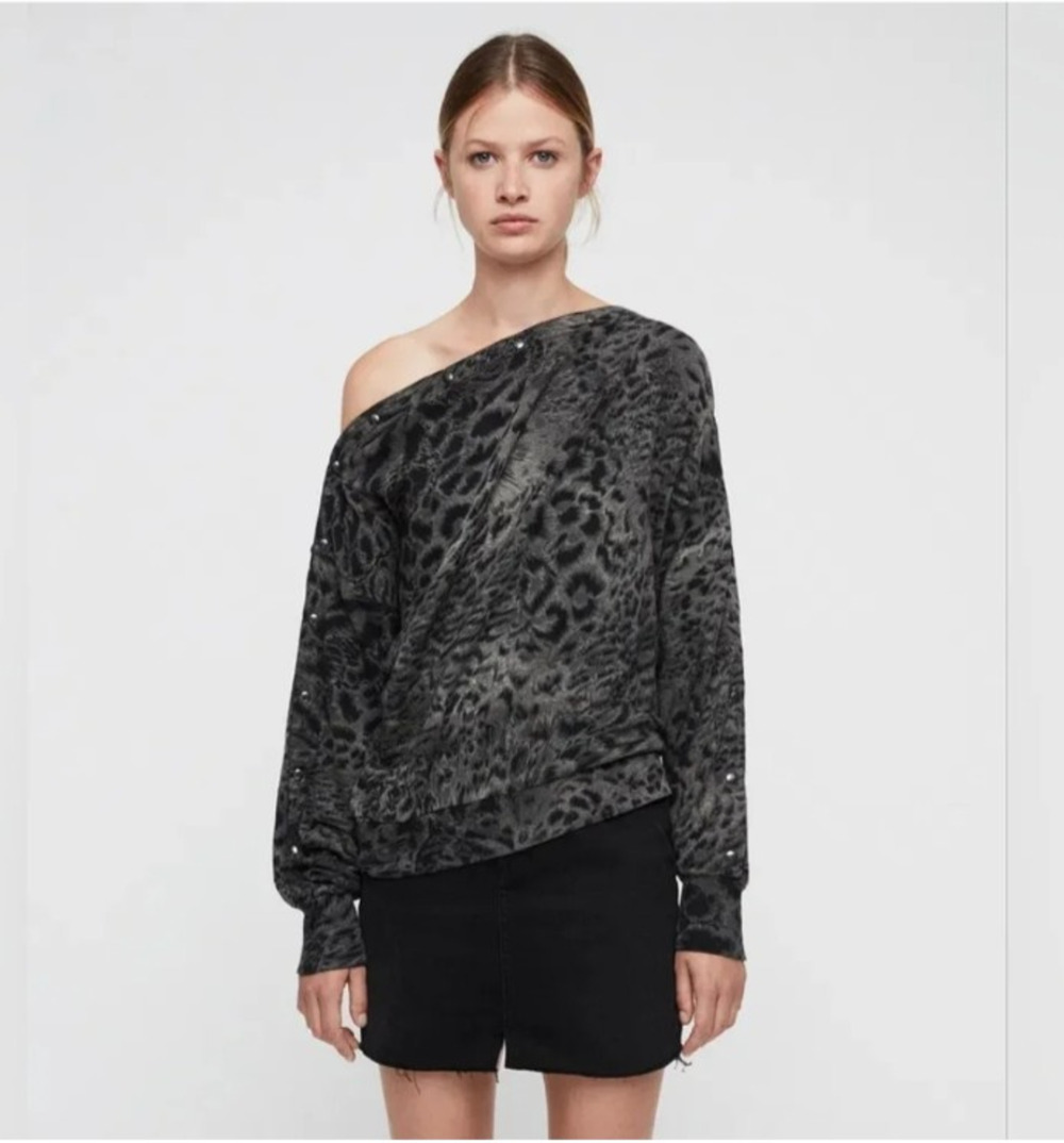 AllSaints Paw Kaarlo Sweat XS Leopard Snap Neck Off Shoulder Sweatshirt Grunge